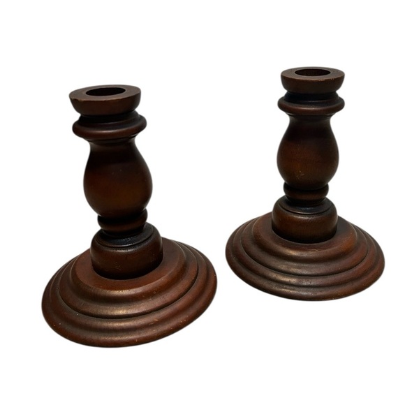 Vintage Dark Wooden Taper Candle Holders Set Of Two - Picture 1 of 5